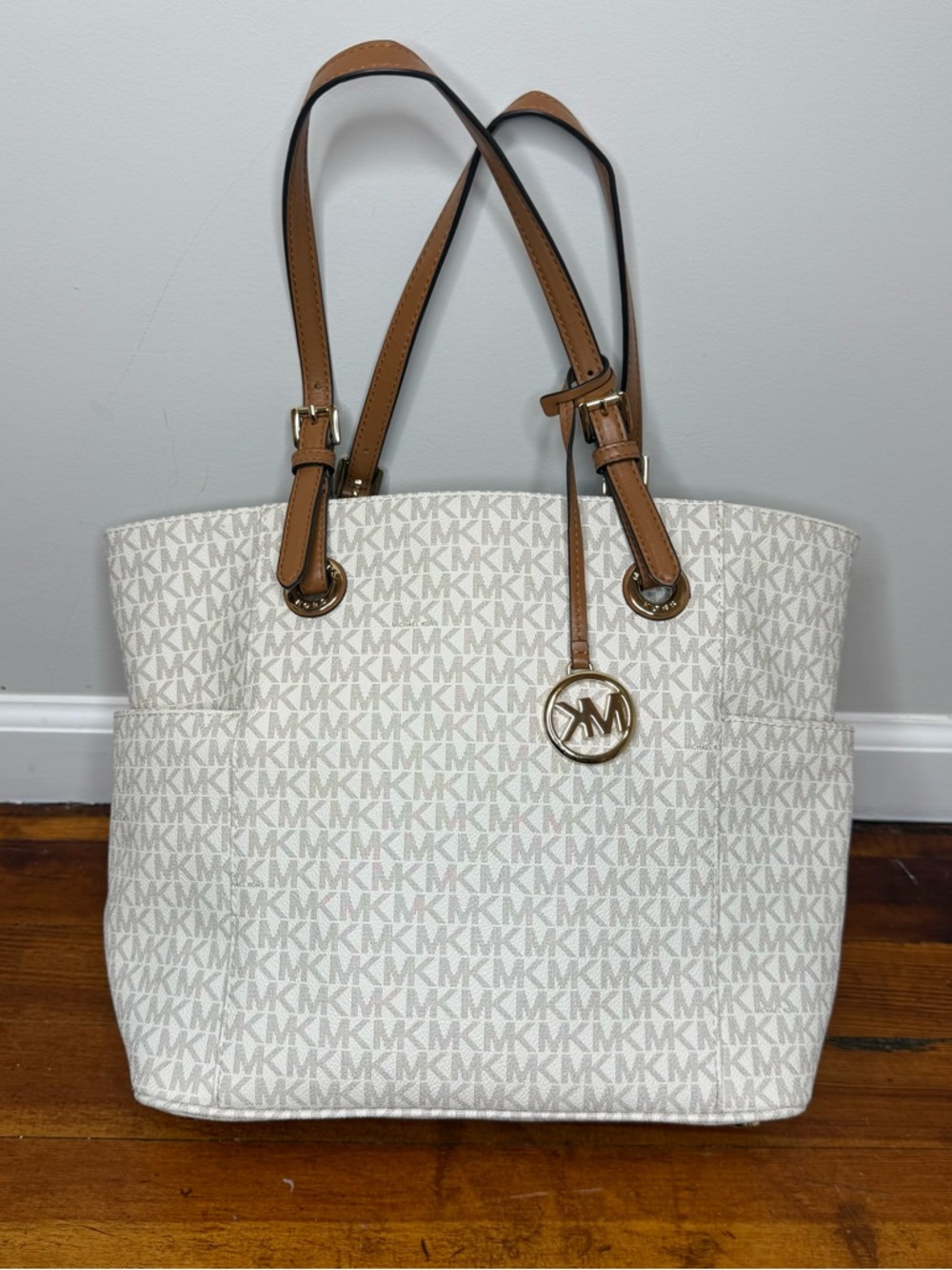 Michael Kors Cream MK Logo Tote with Tan Straps